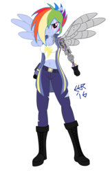 Size: 2053x3211 | Tagged: safe, artist:e-e-r, rainbow dash, human, equestria girls, g4, the cutie re-mark, alternate timeline, amputee, apocalypse dash, augmented, belly button, breasts, busty rainbow dash, cleavage, crystal war timeline, cybernetic arm, female, high res, midriff, ponied up, pony ears, prosthetic arm, prosthetic limb, prosthetic wing, prosthetics, simple background, solo, torn ear, transparent background, vector