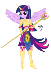 Size: 2334x3303 | Tagged: safe, artist:e-e-r, twilight sparkle, equestria girls, g4, armor, belly button, female, high res, midriff, ponied up, simple background, solo, staff, transparent background, twilight sparkle (alicorn)