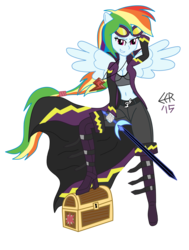 Size: 2500x3303 | Tagged: safe, artist:e-e-r, rainbow dash, equestria girls, g4, belly button, cleavage, clothes, costume, crystal prep shadowbolts, female, high res, midriff, shadowbolt dash, shadowbolts, shadowbolts costume, simple background, solo, sword, transparent background, treasure chest, trenchcoat, weapon