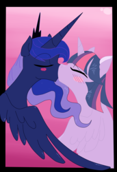 Size: 2045x2991 | Tagged: safe, artist:glacierclear, artist:krazykari, princess luna, twilight sparkle, alicorn, pony, g4, duo, female, high res, kissing, lesbian, mare, ship:twiluna, shipping, twilight sparkle (alicorn)