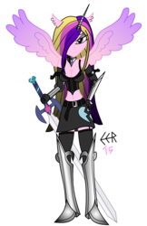Size: 1995x3079 | Tagged: safe, artist:e-e-r, princess cadance, equestria girls, g4, belly button, cleavage, dark mirror universe, evil cadance, female, midriff, mirror universe, ponied up, simple background, solo, sword, transparent background, vector, weapon