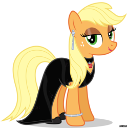 Size: 3600x3600 | Tagged: safe, artist:a4r91n, applejack, earth pony, pony, g4, alternate hairstyle, bedroom eyes, bracelet, choker, clothes, dress, earring, eyeshadow, fancy, female, freckles, hatless, high res, hoof shoes, lipstick, looking at you, loose hair, makeup, mare, missing accessory, piercing, shoes, simple background, solo, transparent background, vector