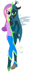 Size: 1457x3220 | Tagged: safe, artist:e-e-r, queen chrysalis, changeling, equestria girls, g4, disguise, disguised changeling, fake cadance, female, heart, looking at you, simple background, solo, transparent background