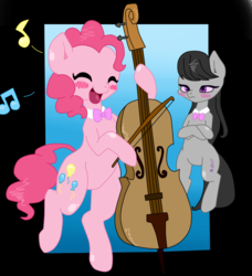 Size: 932x1024 | Tagged: safe, artist:ayahana, artist:krazykari, octavia melody, pinkie pie, g4, abstract background, bipedal, blushing, bowtie, cello, duo, music notes, musical instrument, unamused