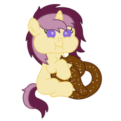 Size: 760x760 | Tagged: safe, artist:ironwoodakacleanser, oc, oc only, oc:lannie lona, bread, female, filly, food, pretzel, solo