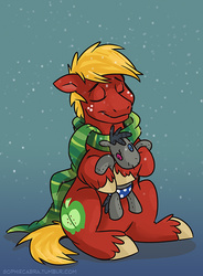 Size: 515x700 | Tagged: dead source, safe, artist:spainfischer, big macintosh, smarty pants, earth pony, pony, g4, clothes, eyes closed, male, scarf, sitting, smiling, snow, snowfall, solo, stallion