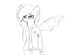 Size: 1600x1200 | Tagged: safe, artist:eclipsepenumbra, oc, oc only, oc:eclipse penumbra, bat pony, anthro, anthro oc, clothes, cutie mark, hair over one eye, hand, looking at you, monochrome, outfit, pants, shirt, sketch, smiling, wings