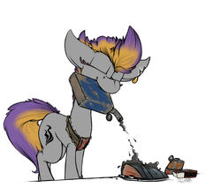 Size: 1041x886 | Tagged: safe, artist:sinrar, oc, oc only, oc:sizzle, fallout equestria, bad cooking, food, gasoline, matches, solo, weapon