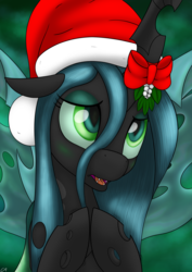 Size: 1360x1920 | Tagged: dead source, safe, artist:conscious-aberration, queen chrysalis, changeling, changeling queen, g4, blushing, christmas, cute, cutealis, female, hat, mistletoe, queen christmas, santa hat, solo