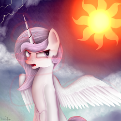 Size: 2048x2048 | Tagged: safe, artist:frozentear7, princess celestia, g4, angry, female, high res, solo, spread wings, sun