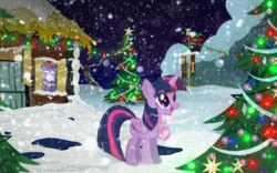 Size: 2048x1280 | Tagged: safe, artist:bymotika, twilight sparkle, alicorn, pony, g4, christmas, christmas lights, christmas tree, cute, female, mare, new year, night, snow, snowfall, solo, tree, twiabetes, twilight sparkle (alicorn)