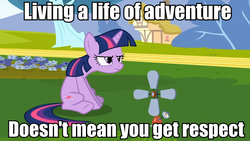 Size: 960x540 | Tagged: safe, edit, edited screencap, screencap, twilight sparkle, pony, unicorn, g4, caption, female, grumpy twilight, image macro, meme, sitting, solo, unicorn twilight