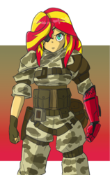 Size: 684x1080 | Tagged: safe, artist:kencaldi, sunset shimmer, equestria girls, g4, camouflage, clothes, crossover, eyepatch, female, fingerless gloves, gloves, mercenary, metal gear, metal gear solid, metal gear solid 5, military, prosthetic limb, solo, venom snake