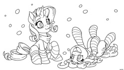 Size: 2400x1350 | Tagged: safe, artist:latecustomer, pinkie pie, rarity, pony, g4, clothes, lineart, monochrome, on back, silly, silly pony, snow, snowfall, socks, striped socks, tongue out