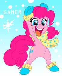Size: 500x609 | Tagged: safe, artist:thegamercolt, pinkie pie, earth pony, pony, g4, bipedal, clothes, female, open mouth, scarf, snow, snowfall, solo, winter