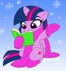 Size: 560x600 | Tagged: safe, artist:thegamercolt, twilight sparkle, alicorn, pony, g4, book, clothes, female, mare, mittens, reading, scarf, sitting, snow, snowfall, solo, twilight sparkle (alicorn), winter