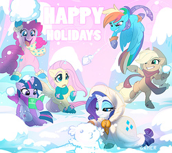 Size: 1000x888 | Tagged: safe, artist:thegamercolt, applejack, fluttershy, pinkie pie, rainbow dash, rarity, spike, twilight sparkle, alicorn, earth pony, pegasus, pony, unicorn, g4, bipedal, book, boots, cloak, clothes, cute, female, happy holidays, implied sparity, mane seven, mane six, mare, mittens, scarf, shoes, snow, snow dragon, snowball, snowball fight, snowman, twilight sparkle (alicorn), winter, winter outfit
