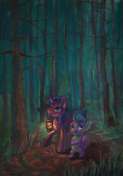 Size: 1024x1471 | Tagged: safe, artist:satynapaper, spike, twilight sparkle, g4, forest, gouache, lantern, mouth hold, painting, traditional art