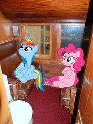 Size: 450x600 | Tagged: safe, pinkie pie, rainbow dash, g4, female, irl, lesbian, photo, ponies in real life, ship:pinkiedash, shipping, train, train cabin, vector