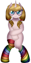 Size: 1000x2000 | Tagged: safe, artist:kirajoleen, oc, oc only, oc:kira, pony, unicorn, bipedal, clothes, covering, cute, female, glasses, looking at you, mare, pigtails, poké ball, pokémon, rainbow socks, simple background, socks, solo, striped socks, transparent background, twintails
