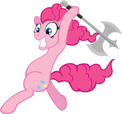 Size: 945x883 | Tagged: safe, artist:moongazeponies, pinkie pie, earth pony, pony, g4, axe, bipedal, female, grin, hoof hold, running, simple background, smiling, solo, transparent background, weapon, wide eyes