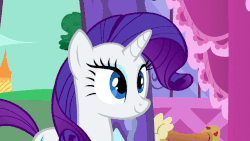 Size: 640x360 | Tagged: safe, screencap, rarity, pony, unicorn, g4, green isn't your color, season 1, animated, cute, excited, eyes closed, female, hopping, layering error, lip bite, mare, open mouth, raribetes, solo