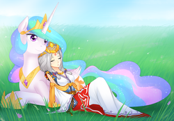 Size: 1280x893 | Tagged: safe, artist:jonfawkes, princess celestia, human, g4, arshtat falenas, commission, crossover, eyes closed, prone, sleeping, smiling, suikoden