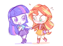 Size: 837x609 | Tagged: safe, artist:kelsea-chan, sunset shimmer, twilight sparkle, equestria girls, g4, blushing, book, chibi, cute, duo, female, holding hands, lesbian, shimmerbetes, ship:sunsetsparkle, shipping, simple background, twiabetes, walking, white background