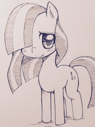 Size: 768x1024 | Tagged: safe, artist:moka, marble pie, earth pony, pony, g4, blushing, female, filly, hair over one eye, looking at you, monochrome, simple background, smiling, solo, traditional art, white background