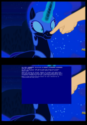 Size: 1120x1600 | Tagged: safe, edit, edited screencap, screencap, nightmare moon, g4, the cutie re-mark, alternate timeline, blue screen of death, boop, boop edit, comic, finger, frown, glowing horn, hand, horn, magic, nightmare takeover timeline, wide eyes