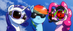 Size: 3300x1423 | Tagged: safe, artist:ceehoff, pinkie pie, rainbow dash, rarity, g4, eyebrows, grin, looking at you, moustache, sunglasses