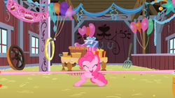 Size: 852x480 | Tagged: safe, screencap, pinkie pie, g4, my little pony: friendship is magic, party of one, elastic, female, solo