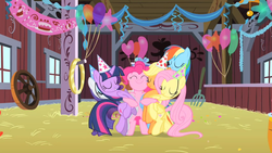 Size: 852x480 | Tagged: safe, screencap, applejack, fluttershy, pinkie pie, rainbow dash, rarity, twilight sparkle, g4, my little pony: friendship is magic, party of one, eyes closed, female, hug, mane six