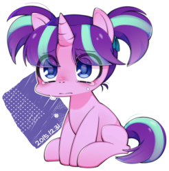Size: 902x917 | Tagged: safe, artist:katuhira_rinmi, starlight glimmer, pony, unicorn, crying, cute, female, filly, filly starlight glimmer, glimmerbetes, pigtails, sad, simple background, solo, what have you done?!, white background, woobie, younger