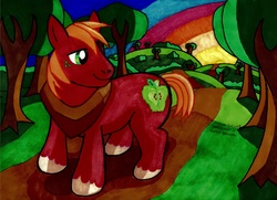 Size: 1743x1262 | Tagged: safe, artist:yoshiknight2, big macintosh, earth pony, pony, g4, male, rainbow, solo, stallion, standing, tree