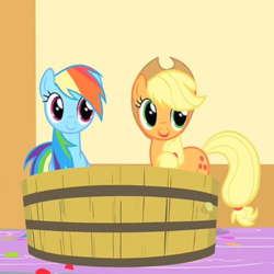 Size: 666x666 | Tagged: safe, screencap, applejack, rainbow dash, pony, g4, my little pony: friendship is magic, party of one, cropped