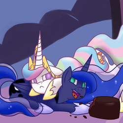 Size: 3000x3000 | Tagged: safe, artist:dorkadraws, princess celestia, princess luna, pony, g4, cake, duo, floppy ears, food, high res, prone, sad