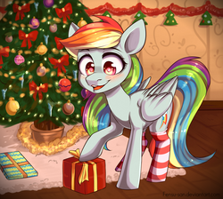 Size: 1760x1577 | Tagged: safe, artist:fensu-san, rainbow dash, pony, g4, backwards cutie mark, christmas, christmas tree, clothes, female, present, socks, solo, striped socks, tree