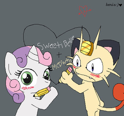 Size: 420x394 | Tagged: safe, artist:lopez697, sweetie belle, meowth, pony, unicorn, g4, blushing, butt, crack shipping, crossover, crossover shipping, meowthbelle, mouth hold, plot, pokémon, shipping