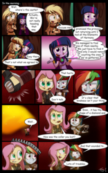 Size: 800x1280 | Tagged: safe, artist:fj-c, applejack, fluttershy, rainbow dash, twilight sparkle, fairy, equestria girls, g4, belly button, clothes, comic, dialogue, fantasy equestria, midriff, skirt