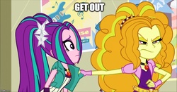 Size: 953x500 | Tagged: safe, screencap, adagio dazzle, aria blaze, equestria girls, g4, my little pony equestria girls: rainbow rocks, angry, get out, image macro, meme, scared