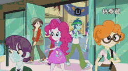 Size: 432x240 | Tagged: safe, bon bon, cherry crash, indigo wreath, lyra heartstrings, pinkie pie, starlight, sweetie drops, velvet sky, fanfic:rainbow factory, equestria girls, g4, animated, chinese, low quality, music reference, song reference