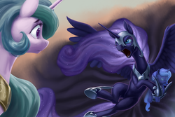Size: 3968x2653 | Tagged: safe, artist:nadnerbd, nightmare moon, princess celestia, princess luna, alicorn, pony, g4, angry, armor, belly, button eyes, crying, doll, duo, ethereal mane, eye contact, eyelashes, fangs, female, filly, frown, glare, gradient background, helmet, high res, holding, hoof hold, hoof shoes, horn, hug, jewelry, looking at each other, mare, open mouth, plushie, princess shoes, regalia, sad, shadow, sharp teeth, simple background, slender, smiling, spread wings, starry mane, starry tail, sternocleidomastoid, tail, teeth, thin, toy, wide eyes, wings, woona, yelling