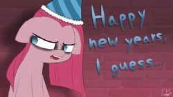 Size: 3840x2160 | Tagged: safe, artist:fakskis, pinkie pie, g4, annoyed, female, floppy ears, happy new year, hat, high res, killjoy, new year, open mouth, party hat, pinkamena diane pie, solo, text