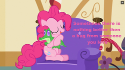 Size: 1200x675 | Tagged: safe, gummy, pinkie pie, g4, just for sidekicks, my little pony: friendship is magic, caption, cute, hug, love, pink text, sweet, truth