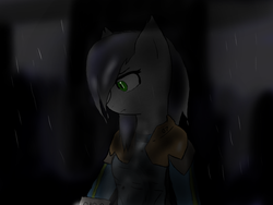 Size: 1600x1200 | Tagged: safe, artist:eclipsepenumbra, oc, oc only, oc:eclipse penumbra, bat pony, pony, fallout equestria, bulletproof vest, clothes, dark, female, green eyes, hair over one eye, numbers, rain, wet mane