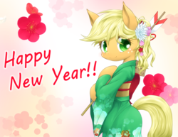 Size: 1010x780 | Tagged: safe, artist:hashioaryut, applejack, earth pony, semi-anthro, g4, arrow, clothes, female, flower, flower in hair, happy new year, kanzashi, kimono (clothing), solo