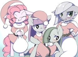 Size: 1023x747 | Tagged: safe, artist:skippy_the_moon, limestone pie, marble pie, maud pie, pinkie pie, earth pony, semi-anthro, g4, blushing, christmas, clothes, costume, holiday, pie sisters, santa costume, sisters