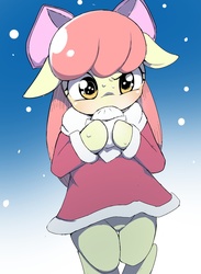 Size: 1024x1401 | Tagged: safe, artist:skippy_the_moon, apple bloom, earth pony, semi-anthro, g4, adorabloom, blushing, clothes, cute, female, filly, floppy ears, foal, jacket, snow, snowfall, solo
