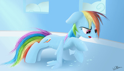 Size: 5324x3068 | Tagged: safe, artist:colonelwalther, rainbow dash, g4, female, push-ups, room, signature, solo, sweat, wing-ups, workout